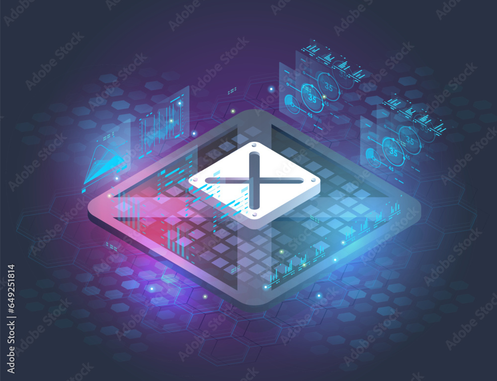 Poster charts and analyzing statistics. data visualization concept. 3d isometric vector illustration.