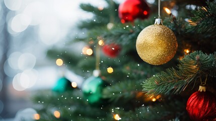 Christmas background. Festive decoration on the Christmas tree. New Year. Selective focus Holiday