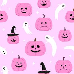 Pink pumpkins and ghost on a pink background. Seamless vector pattern.	