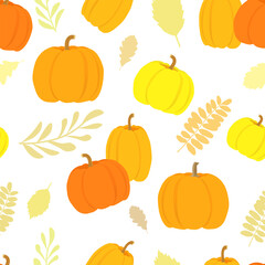 Orange pumpkins with autumn leaves on a white background. Colorful pumpkins. Seamless vector pattern.	