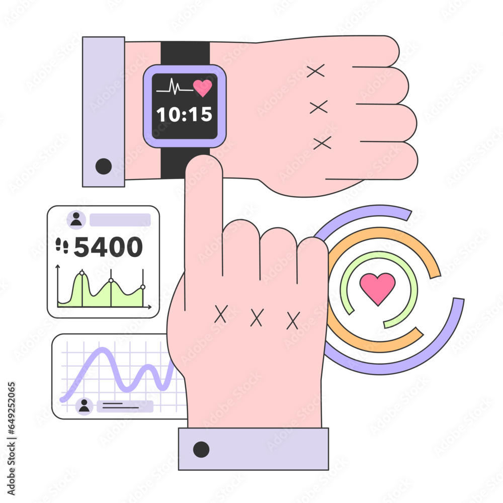 Poster health tracker smart watch. character using electronic gadget to monitor