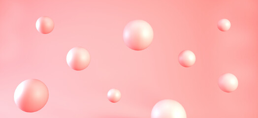 3d Pink bubbles or spheres backdrop. Pink balls on coral background. Abstract surreal realistic 3d render, banner design. - obrazy, fototapety, plakaty