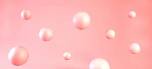 Fotobehang 3d Pink bubbles or spheres backdrop. Pink balls on coral background. Abstract surreal realistic 3d render, banner design. © gizemg
