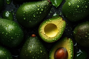 Fresh avocado with drops of water top down view