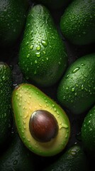Fresh avocado with drops of water top down view