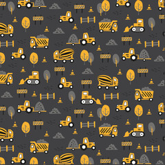 Working zone illustration trucks and tractors seamless vector design