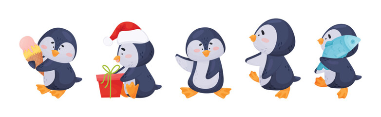 Cute Penguin Character with Happy Face Vector Set