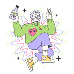 Mature character riding a bicycle. Campsite festival leisure. Old