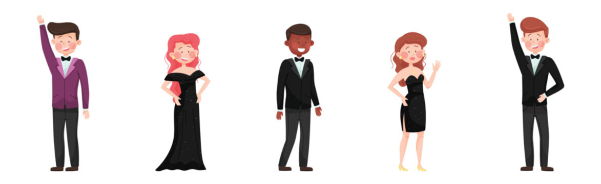 Young Man and Woman in Evening Dress and Dinner Jacket Vector Set