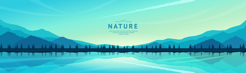 Beautiful mountain landscape. The spire mountains are reflected in the water. Fir trees on the shore of a lake or river. Sunrise, bright clear sky. Wide banner. Concept of tourism. Vector illustration