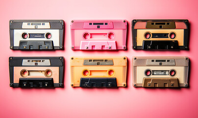 collection of various vintage audio cassettes. retro styled background The Nineties Mixed Tape cassette.90's music top view,flat lay retro background