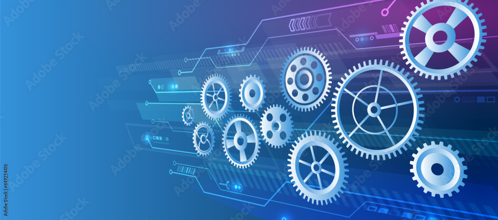 Poster Futuristic high tech concept. Business and industry internet banner. The mechanism consisting of gears on a blue background for the presentation. Cogwheel for science experiment presentation.