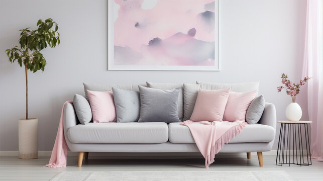 Grey sofa with pink pillows and blanket. Generative AI