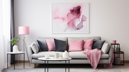 Grey sofa with pink pillows and blanket. Generative AI