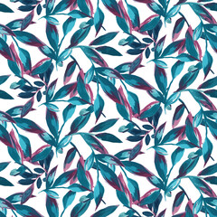 Watercolor seamless leaf purple blue repeat pattern