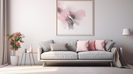 Grey sofa with pink pillows and blanket. Generative AI
