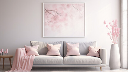 Fototapeta na wymiar Grey sofa with pink pillows and blanket. Generative AI