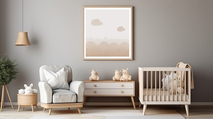 Mock up frame in children room with natural wooden furniture, 3D render - obrazy, fototapety, plakaty