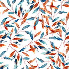 Brown orange watercolor leaf seamless pattern