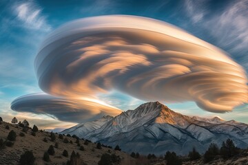 surreal sky filled with lenticular clouds over a mountain