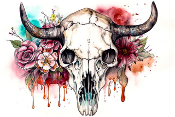 Artistic Composition Floral Watercolor and Cattle Skull with Colorful Splatters 2d illustration high quality halloween