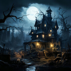 Fototapeta na wymiar Mysterious Castle at Night Enveloped in Fog, Lights Shine 3d illustration high quality halloween