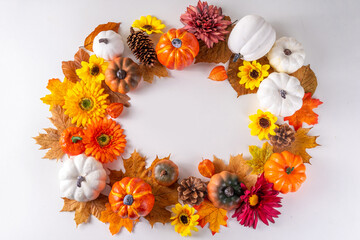 Autumn holidays and sale background. Thanksgiving Day greetings card. Multi-colored pumpkins,...