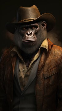 Western style gorilla animal, with hat and old clothes. High detailed photo realistic. Black or dark background Generative AI