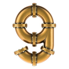 Number 9 from copper, bronze or brass pipes, 3D rendering isolated on transparent background