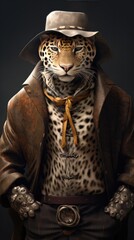 Western style jaguar animal, with hat and old clothes. High detailed photo realistic. Black or dark background Generative AI