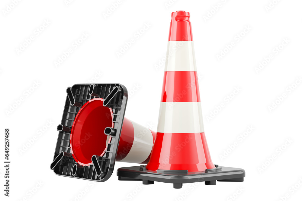 Poster two traffic cones, 3d rendering isolated on transparent background