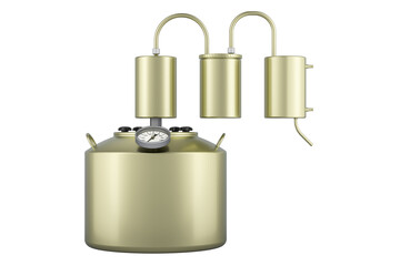 Alcohol distiller, moonshine still, side view. 3D rendering isolated on transparent background - obrazy, fototapety, plakaty
