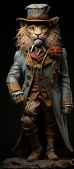 Western style lion animal, with hat and old clothes. High detailed photo realistic. Black or dark background Generative AI