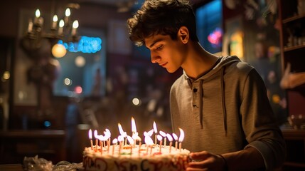 Arab Teenage Boy Making Birthday Wish and Blowing Out Candles. Generative Ai