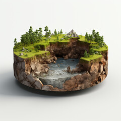 3D Illustration round soil ground cross section with earth land and green grass, realistic 3D rendering, ai technology