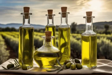 Fotobehang bottle of oil with olives © drimerz