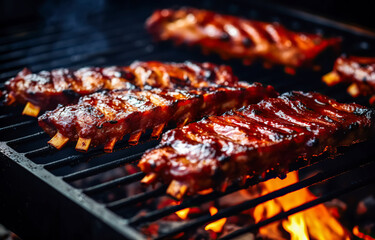 bbq pork ribs cooking on flaming grill. grilling baby back pork ribs over flaming grill - obrazy, fototapety, plakaty