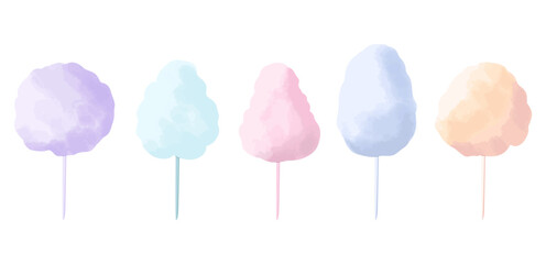 A large flat vector cartoon set of watercolor cotton candy. Sweet street food for kids and adults. Isolated drawing on a white background.