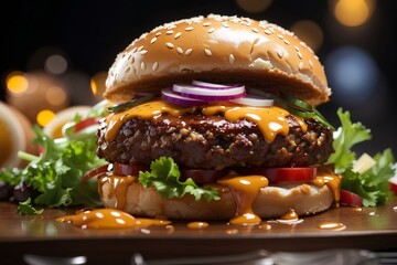Burger beef big size with vegetable and tomato ketchup, cheesy hamburger mouthwatering tasty delicious on a plate. - obrazy, fototapety, plakaty