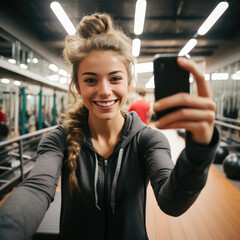 Young smiling girl taking selfie in the gym, shot on smart phone.