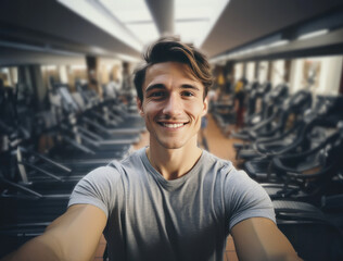 Young smiling handsome man taking selfie in the gym, shot on smart phone.