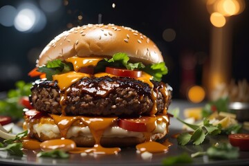 Burger beef big size with vegetable and tomato ketchup, cheesy hamburger mouthwatering tasty...