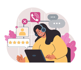 Customer feedback. Young female call center operator. Technical