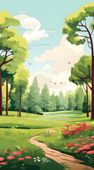 Vector Illustration Outdoor Forrest Park Landscape. 16:9. 