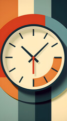 Vector Clock Illustration. Bold Colors. Crips Line Art of Time, Watch, Wall Clock.  9:16 Horizontal Aspect Ratio.