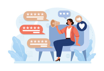 Customer feedback. Consumers reviews public exchange. Sharing a purchased