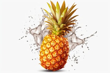 Fresh juicy pineapple fruit with water splash isolated on white background. Generative AI