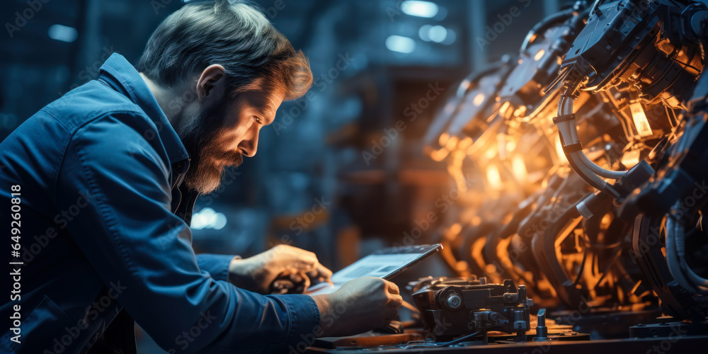 Poster engineer overseeing robotic welding operations in smart factory