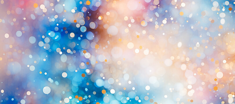 Blue and pink gradient background with gold confetti in the shape of small circles scattered across. Bokeh effect. Celebratory and festive mood.