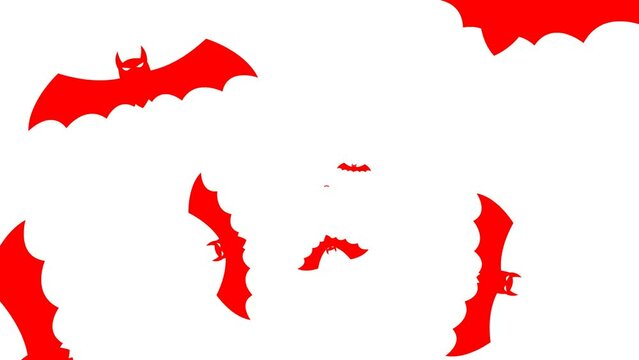 Animated red bats fly out from center of screen. Looped video. Concept of Halloween, Black Friday. Flat vector illustration isolated on a white background.